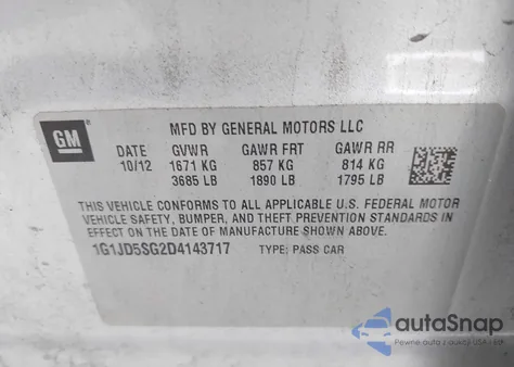 2013 Chevrolet Sonic Lt Manual из США, поврежденный, VIN 1G1JD5SG2D4143717